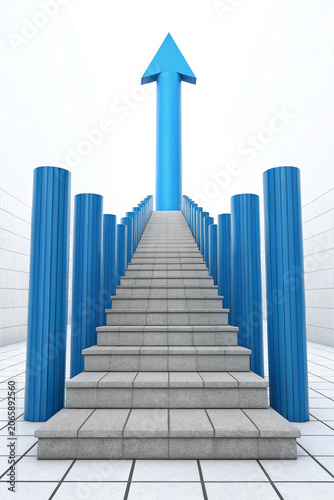 A blue arrow points up on a staircase with blue pillars on either side on white background