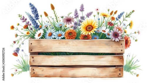 Rustic wooden crate filled with colorful wildflowers, charming watercolor floral illustration for country decor, spring designs and garden themes.
