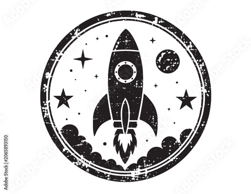 Vintage rocket launch vector illustration, distressed black and white space exploration emblem. Retro spaceship taking off, cosmic adventure graphic, startup business concept art.