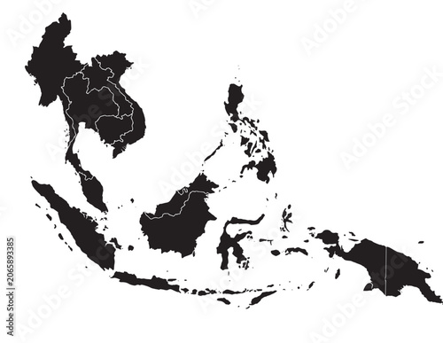 Fotografie Southeast Asia political map, a detailed black silhouette vector illustration of the region, perfect for educational and geographical projects, featuring distinct country borders