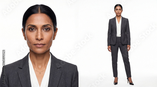 Confident businesswoman with dark hair wearing a charcoal suit and white blouse posing against a clean white studio background.  Woman character reference