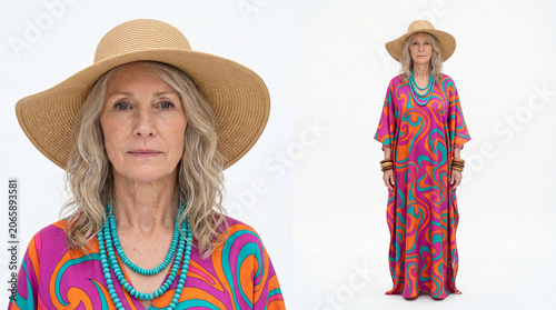 Elegant senior woman modeling a colorful kaftan dress with a large straw sun hat and wooden accessories. Beautiful woman character reference