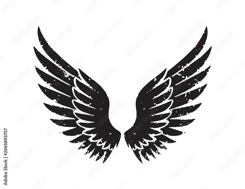 Fototapeta premium Distressed black angel wings vector illustration, grunge bird feathers graphic, stylized freedom and flight symbol, vintage tattoo design element, isolated on white background