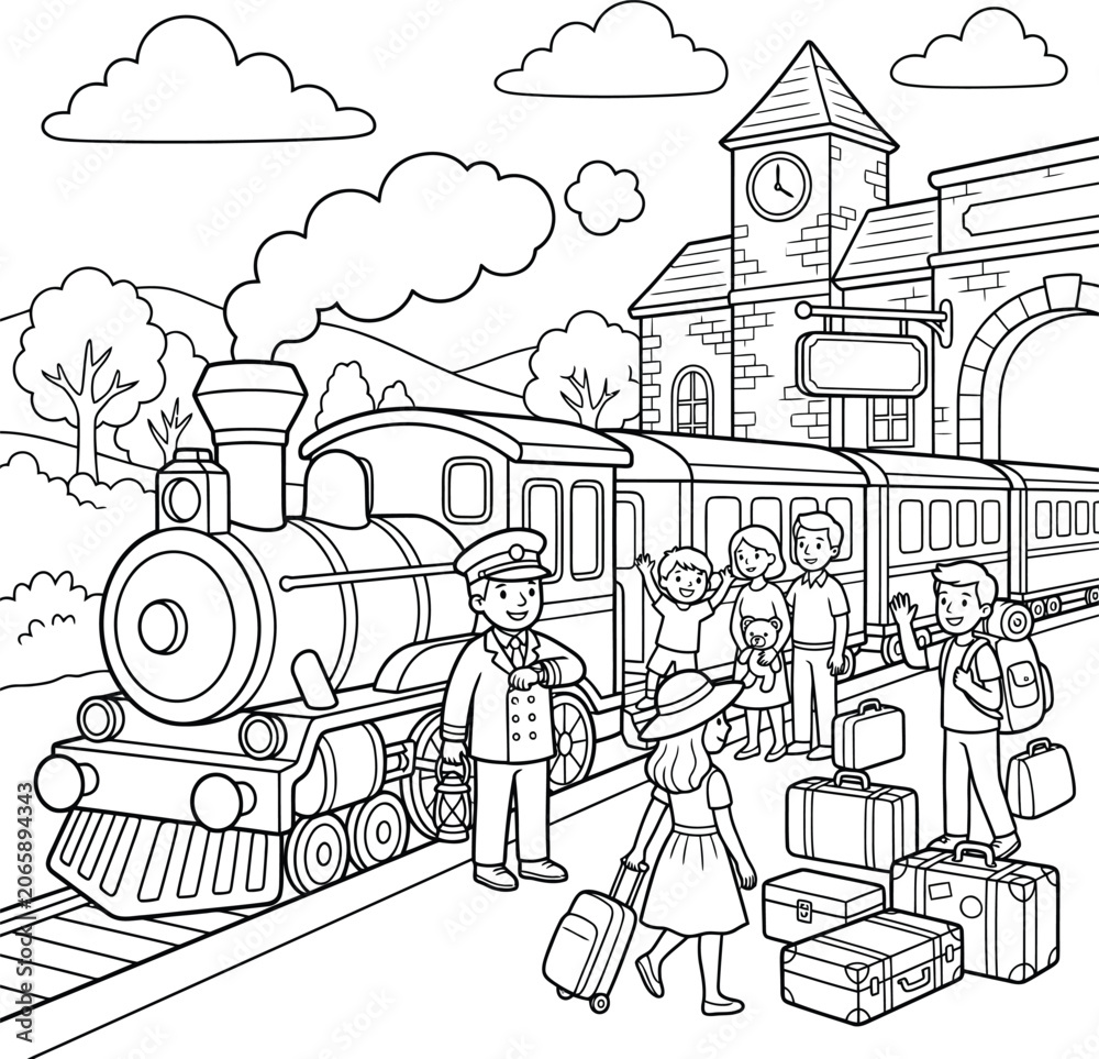 Fototapeta premium Black and white vintage of a train station with passengers and luggage vintage train station suitcases