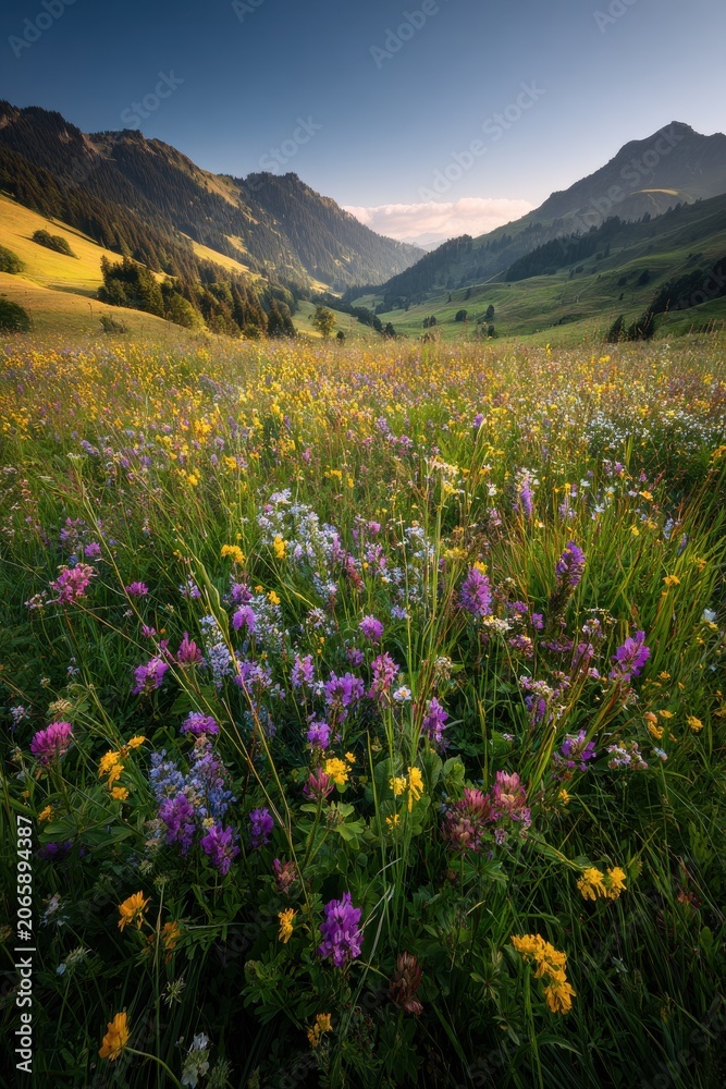 Fototapeta premium Swiss alpine meadow filled with colorful wildflowers under clear sky