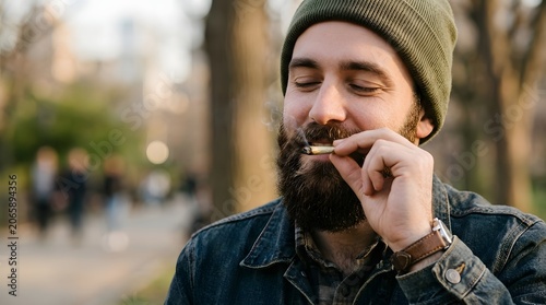 Bearded man smoking cannabis joint in outdoor park. Relaxed guy resting with marijuana cigarette. Recreational drug use, lifestyle scene of happy hipster resting during leisure time.