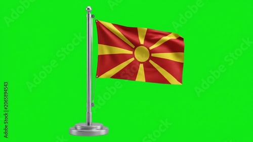 North Macedonia National Flag Waving on Desk Pole Stand Against Green Screen Background for Projects