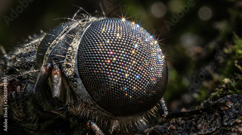 A fly sits on a surface with details of its eyes and body