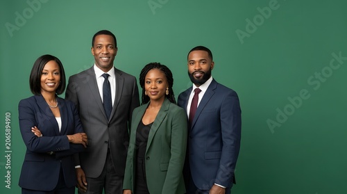 Four African American business professionals standing together in office attire. Diverse team of corporate employees posing for portrait on green background. Success and collaboration concept.