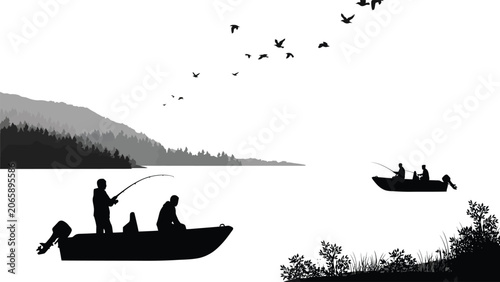 Foto Fishermen in motorboats fishing on a scenic mountain lake silhouette vector illustration