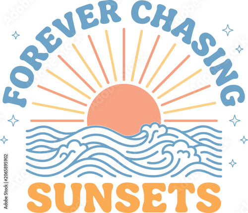 Schilderij op canvas Vibrant illustration of a sunset over ocean waves with inspirational quote