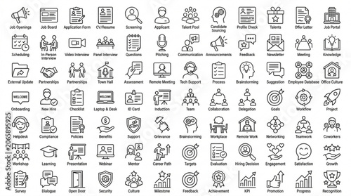 A collection of various business and technology icons are displayed.