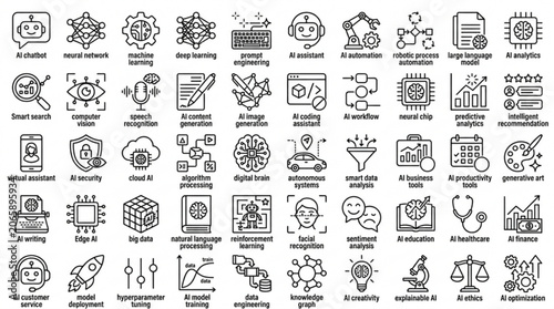 A collection of various icons depicting science, technology, business, and industry concepts.