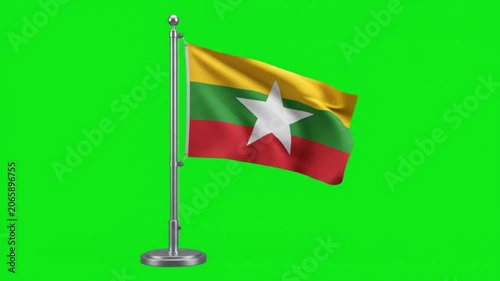 Myanmar Burma National Flag Waving on Desk Pole Stand Against Green Screen Background for Projects