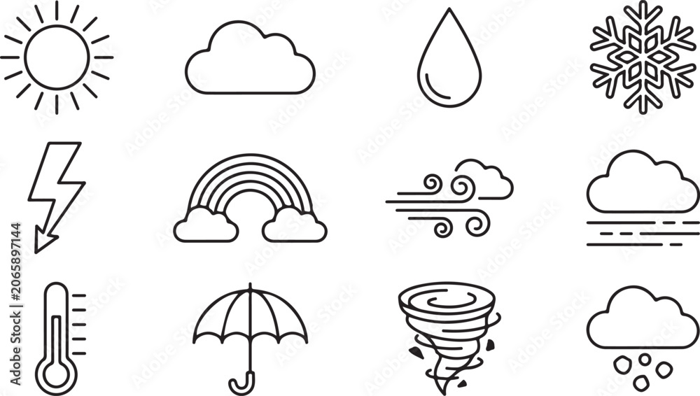 Naklejka premium Weather icons line art vector set