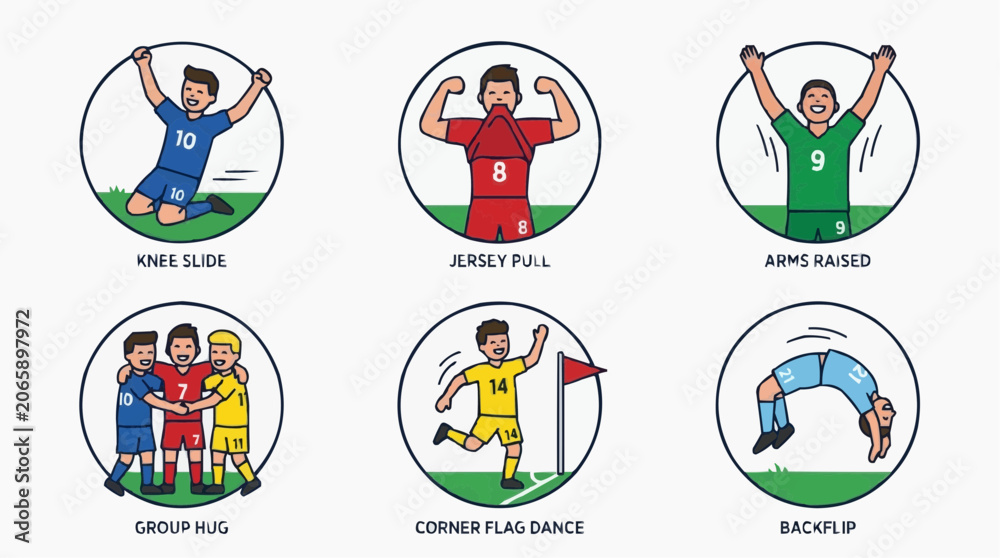 Fototapeta premium Soccer Player Icons Celebrate Athletic Actions in a Goal Celebration Set, Highlighting Teamwork, Training, and Sports Performance Concept for Media