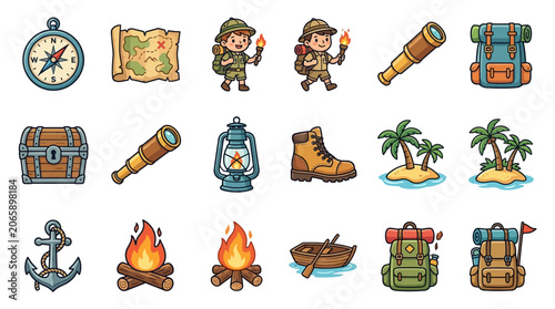 Fotografie Colorful cartoon adventure travel icons set.