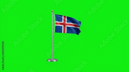 Iceland National Flag Waving on Desk Pole Stand Against Green Screen Background for Global Projects