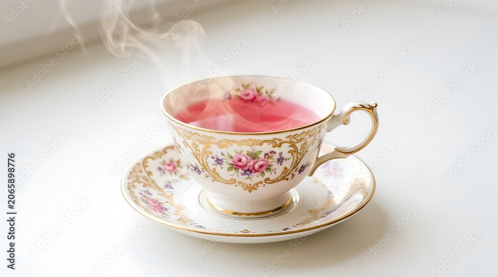 Fototapeta premium Steaming pink tea in a delicate floral china cup and saucer