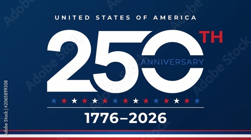 United states of america 250th anniversary 1776-2026 design on blue background with stars and stripes.