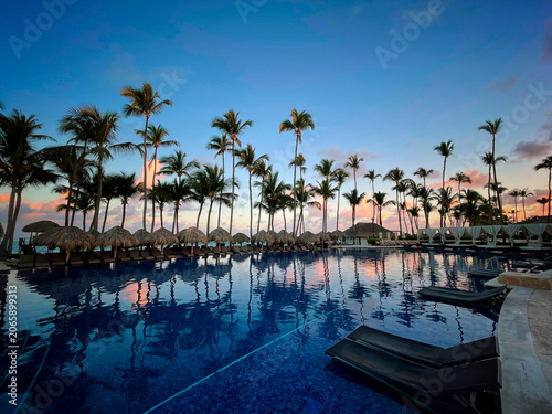 Punta Cana, République dominicaine. Une piscine, le matin avec palmiers. Station balnéaire tropicale. Vacances.	