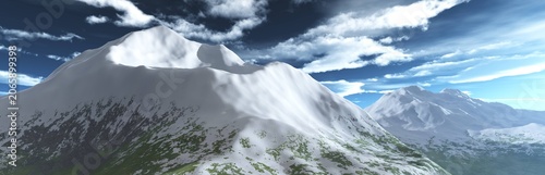 Snowy peak, mountain landscape panorama, sunset in the mountains, mountains and snow, sky and mountains, 3D rendering
