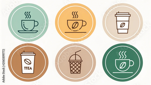 Collection of Minimalist Round Coffee and Tea Beverage Icons for Social Media Highlights