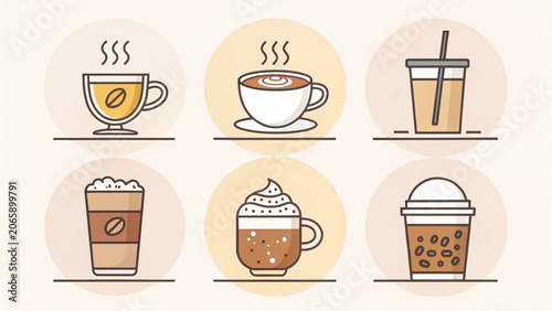 Set of minimalist linear coffee and bubble tea beverage icons for cafe menu design