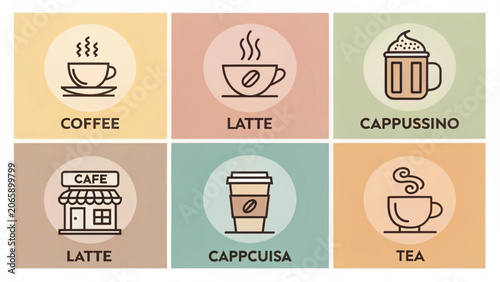 Set of minimalist coffee and tea line icons for cafe menu design