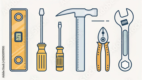 Essential Home Improvement Toolkit A Clean Line Art Illustration Featuring Various Construction and Repair Tools Arranged Neatly for DIY Projects and Professional Use