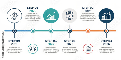 Corporate business development timeline featuring colorful infographic elements and icons for project milestones and strategic planning visualization
