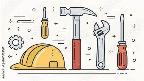 Flat Style Construction Tools Illustration featuring Hard Hat, Hammer, Wrench and Screwdrivers for Industrial Repair
