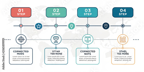 Four Step Business Process Infographic Layout with Icons and Timeline for Corporate Strategy and Workflow Management