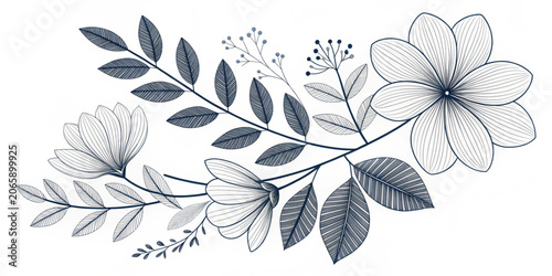 Elegant Botanical Line Art Illustration with Floral Branches and Leaves for Wedding Invitations and Decor