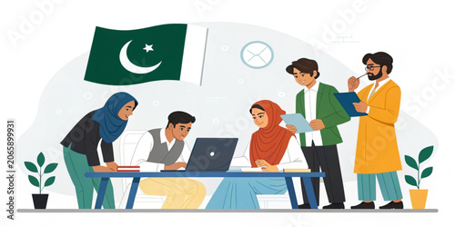 Diverse Pakistani team collaborating on a business project, fostering innovation and professional growth in a productive environment
