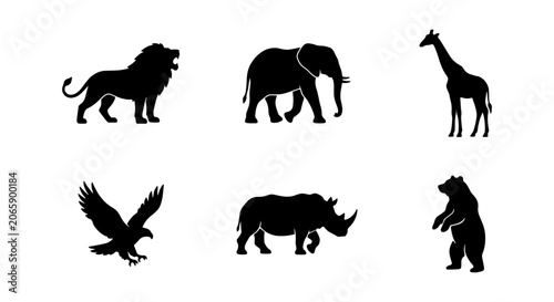 Photography African Safari Wildlife Silhouettes: Lion, Elephant, Giraffe, Rhino, Eagle, Bear Icons