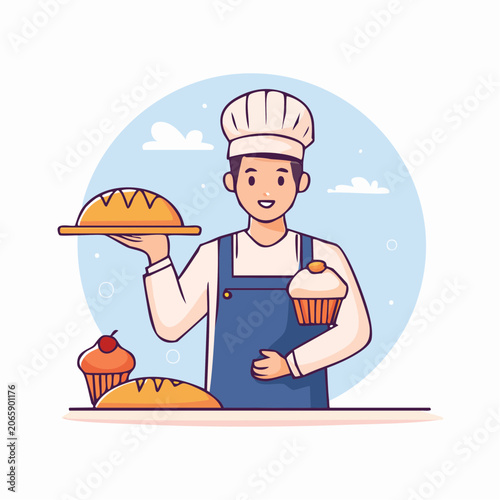 Baker Holding Bread and Cupcake