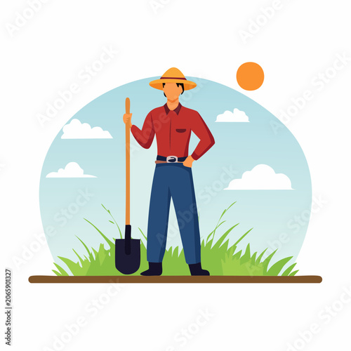 Farmer with Shovel in Field