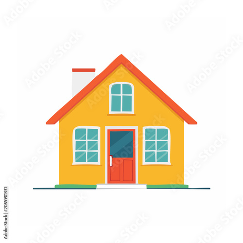 Flat design yellow house with red roof and blue windows