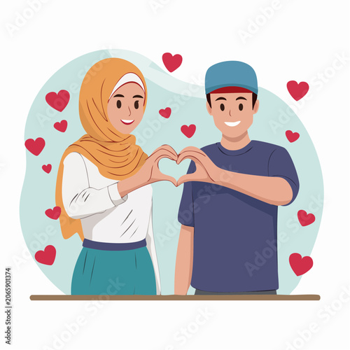 Muslim Couple Forming Heart Shape with Hands Surrounded by Hearts
