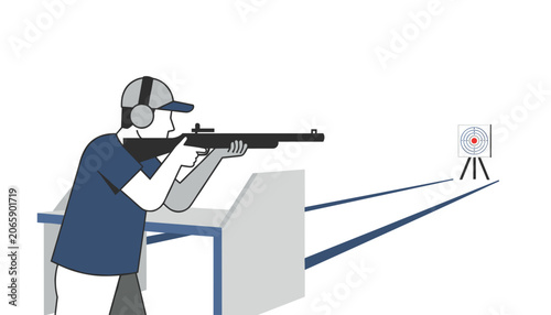 Person wearing a gray cap aiming a long rifle at a distant bullseye target on a stand for competitive shooting sports and marksmanship practice in a controlled environment.