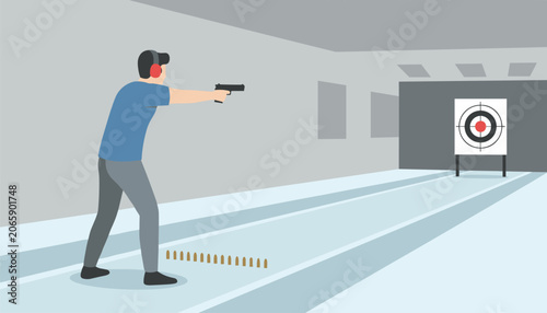 Shooter wearing red ear protection firing a handgun at a bullseye target in an indoor range with empty shell casings on the floor for marksmanship and firearm training sessions.
