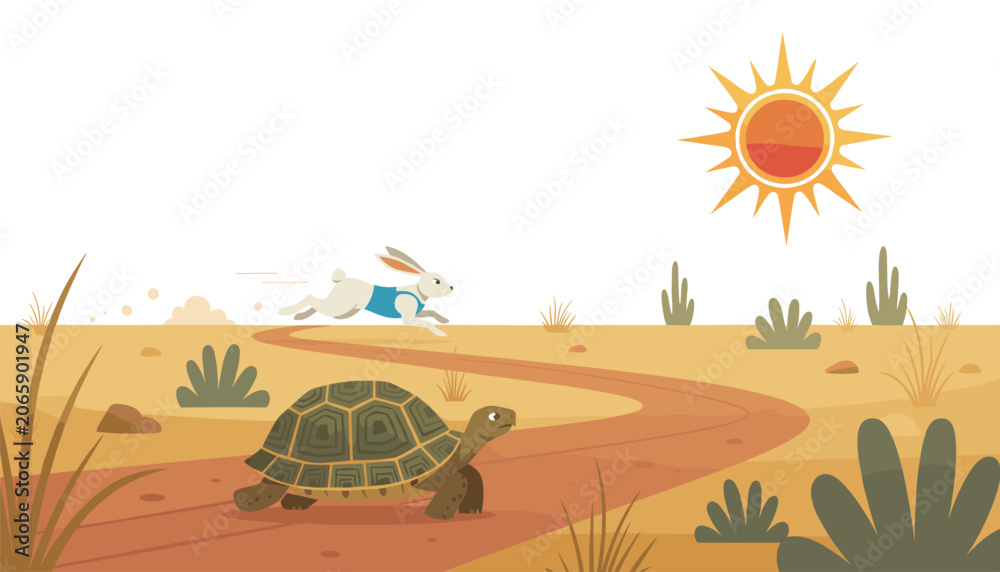 Obraz premium Hare racing against a slow tortoise on a dirt path through a desert landscape under a bright orange sun competition and perseverance.
