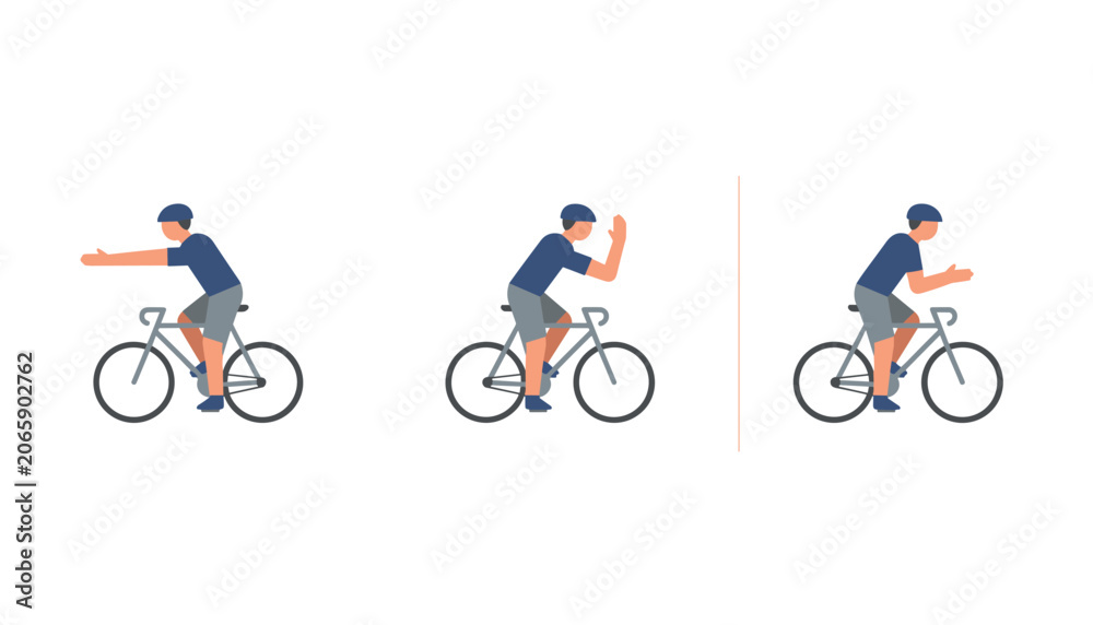 Fototapeta premium Cyclist performing hand signals for turning and stopping on a bicycle, essential road safety guide for urban commuters and riders.