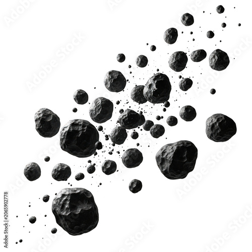 A cluster of rocky asteroids floating in space isolated on transparent background