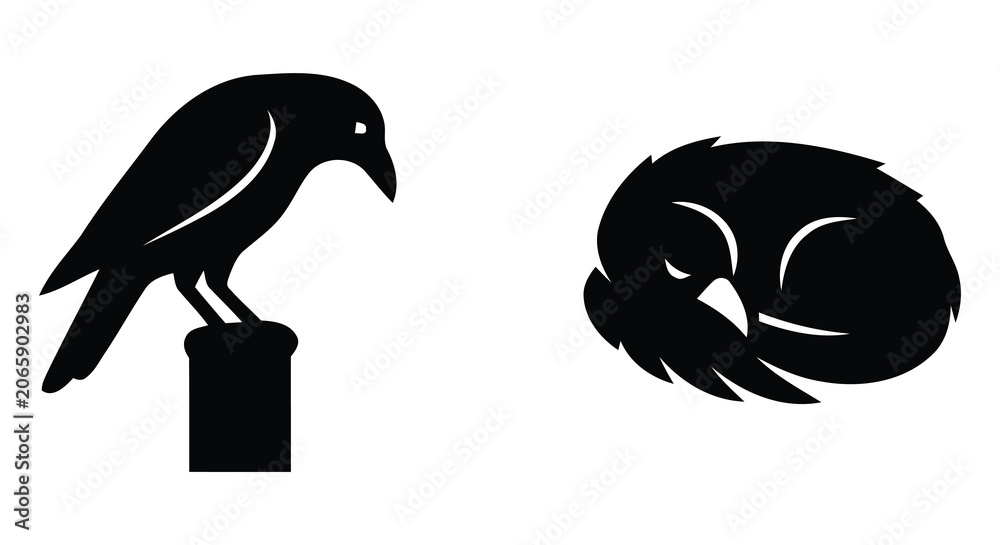 Fototapeta premium Black raven silhouette and curled bird shape on a white background a minimalist avian design corvid crow feather form