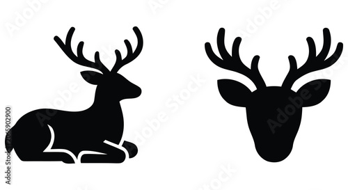 Cuadro en lienzo Black silhouette of a deer head and reclining deer a graphic representation on a