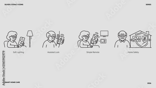 Obraz na plátně senior smart home care and domestic safety icon set, elderly woman automated lig