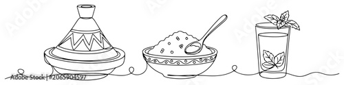 Schilderij op canvas Moroccan tagine pot with a bowl of couscous and mint tea in minimalist continuou