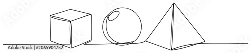 Geometric 3D shapes including cube sphere and pyramid in continuous line art style